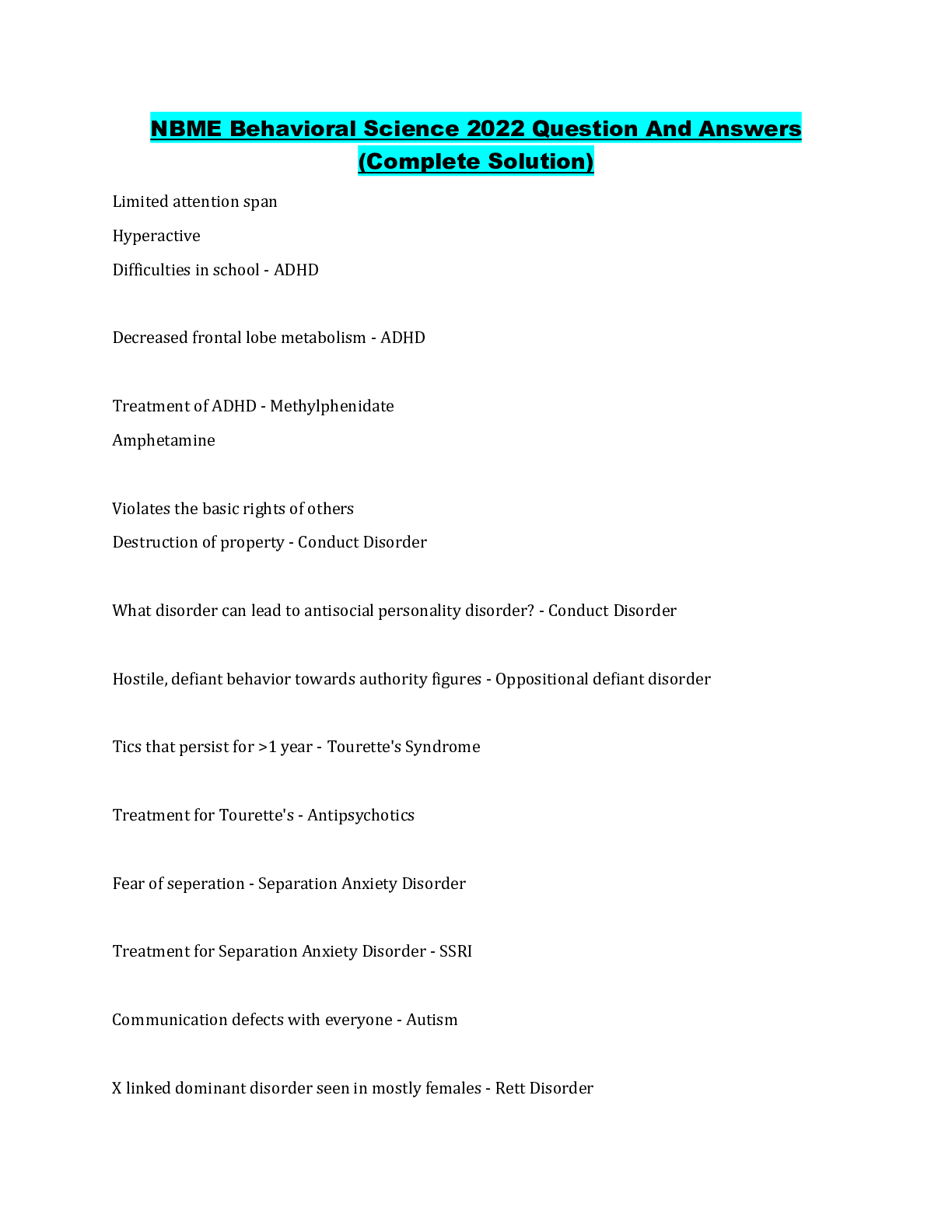 Preview image for NBME Behavioral Science 2022 Question And Answers (Complete Solution)